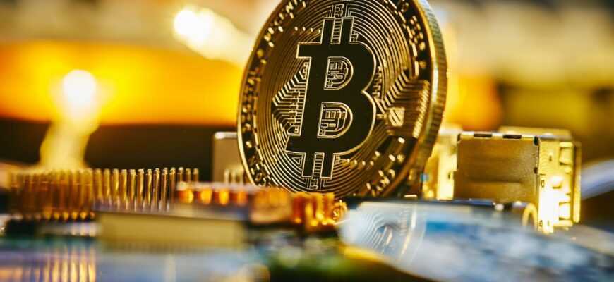 a bitcoin sitting on top of a computer chip