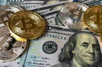 A close-up photo depicting Bitcoin coins on top of US dollar bills, symbolizing finance and cryptocurrency.