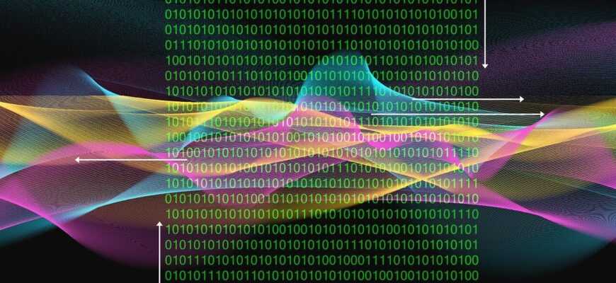digital art, binary code, quantum computing, algorithmic art, generative art, wave function, data visualization, neon colors, abstract, digital stream, superposition, cyber, network, coding, technology, particle, energy, flow, pattern, modern, ai generated