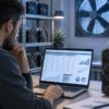 Operador revisando costes y escenarios de rentabilidad de un equipo de minería de criptomonedas.