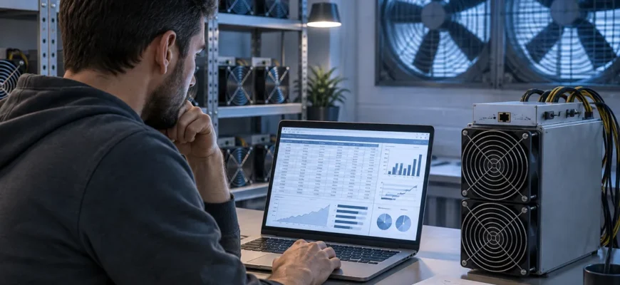Operador revisando costes y escenarios de rentabilidad de un equipo de minería de criptomonedas.