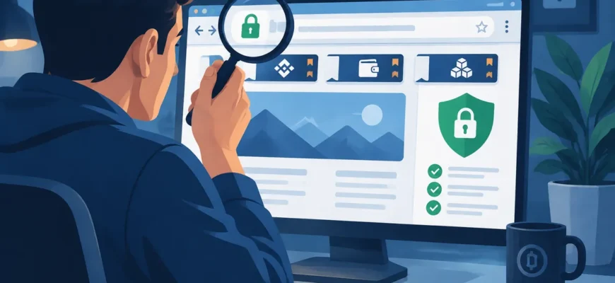 Usuario verificando un dominio y marcadores seguros antes de acceder a servicios de criptomonedas